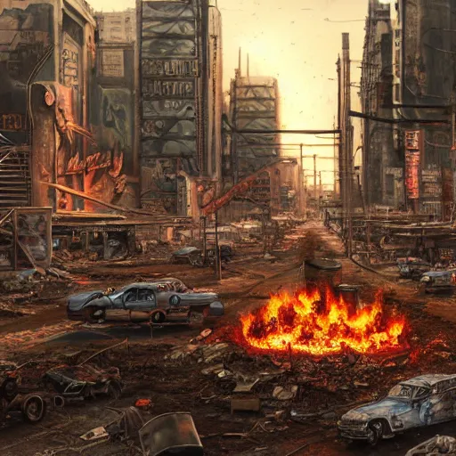 Image similar to hyperrealistic matte painting of a wasteland leftover from nuclear cataclysm, survivors cooking rats over a trashcan fire, intricate detail, complex, long street, cyberpunk buildings, graffiti, cyberpunk ads, 8 k resolution, technological, endless street, by hugh ferris, by noriyoshi ohrai, cyberpunk style, smooth, octane, concept art, trending on artstation