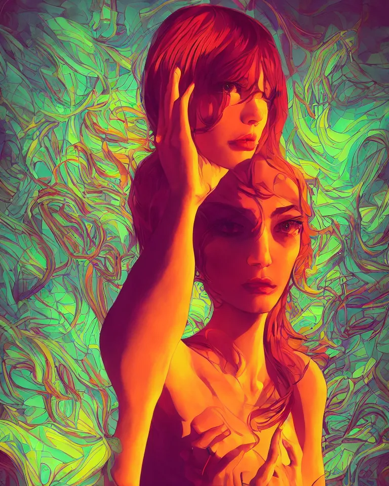 Image similar to lsd, acid trip, a beautiful woman, dramatic lighting, by ilya kuvshinov, artgerm, wlop, greg rutkowski, digital painting, ultra detailed colorful intricate repeating geometric fractals in the background by moebius, beeple, 4 k, artstation