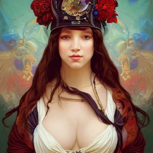 Image similar to a portrait painting of a fantasy steampunk lady, highly detailed, art by tristan eaton and artgerm and william - adolphe bouguereau