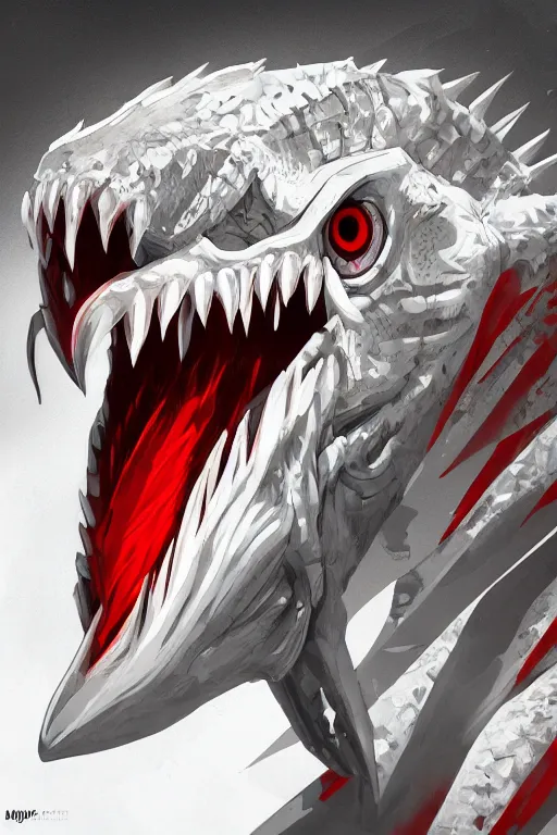 Prompt: a white raptor with red eyes, highly detailed, digital art, sharp focus, trending on art station, anime art style