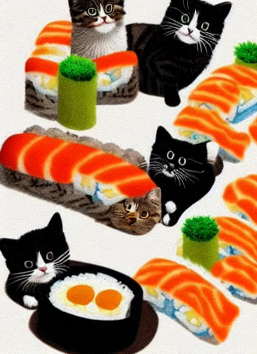 Image similar to clear photorealistic picture of adorable cats made out of sushi