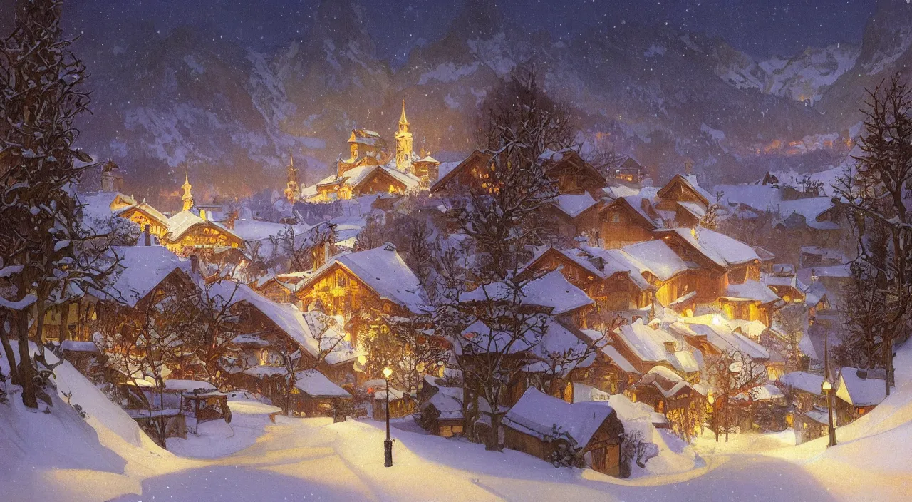 Image similar to A beautiful landscape painting of a small swiss mountain village in the snow at night by Alfons Maria Mucha and Julie Dillon and Makoto Shinkai