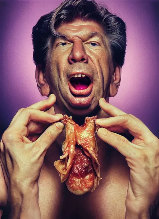 Prompt: ultrawide angle colour portrait masterpiece photography of vince mcmahon eating a turkey leg shot by annie leibovitz michael cheval miho hirano moebius josh kirb
