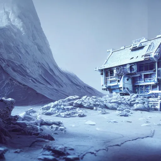 Image similar to an abandoned outpost in a blizzard on the moon europa, intricate artwork by tooth wu and wlop and beeple, octane render, hyper realism, 8 k