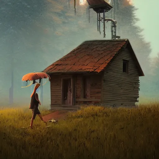 Image similar to woman leaving her wooden broken house by simon stålenhag, very highly detailed, award winning, rendered by Beeple, by Makoto Shinkai, syd meade, starwars, space art concept, digital art, unreal engine, blender, WLOP, trending on artstation, 4K UHD image, octane render