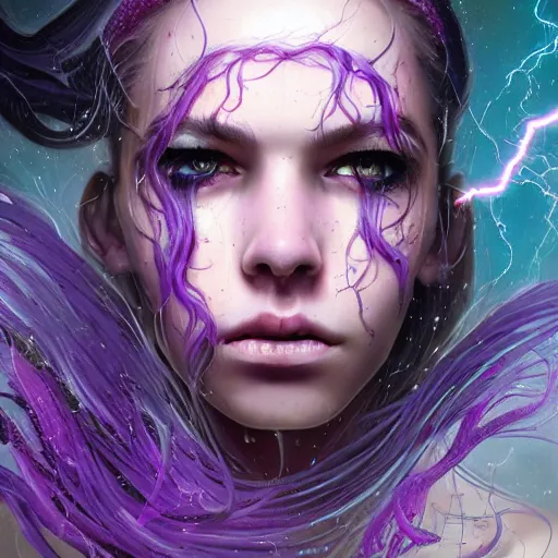 Image similar to detailed photo portrait of a furious teen girl with thin, hair-like purple tentacles on her head and bright purple eyes, 8k,by tristan eaton, Stanley Artgermm,Tom Bagshaw,Greg Rutkowski,Carne Griffiths,trending on DeviantArt, face enhance,hyper detailed ,full of colour, dramatic lightning