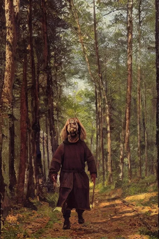 Image similar to slavic dog head man, woolen torso in medieval clothes, walking in the forest, orthodox saint christopher, oil painting, painting by viktor vasnetsov, painting by viktor whimmy, concept art, hyperrealism, beautiful, high resolution, trending on artstation,