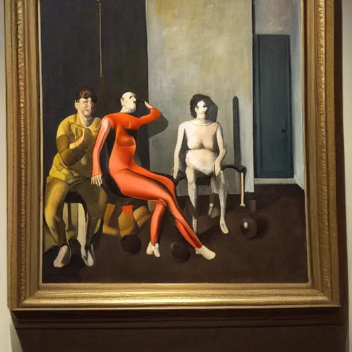 Image similar to oil painting, inside the museums, infinity goes up on trial, by paula rego, by de chirico