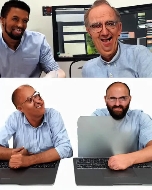 Image similar to two sticker men sitting near a laptop, white background, meme, meme template