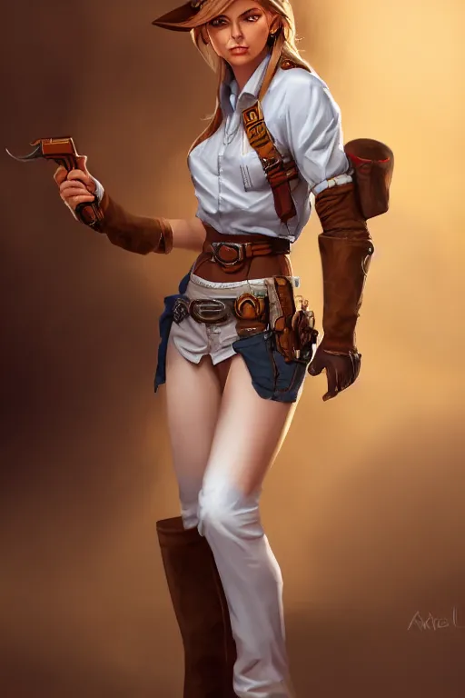 Image similar to full body, female cowgirl, perfect face, white blouse, empty gun holster, 8 k, magic the gathering, desert, d & d, artstation, high detail, smooth, muscular