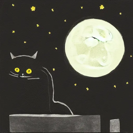 Image similar to “A black cat on top of a building at night with a full moon in the style of Vincent Van Vogh”