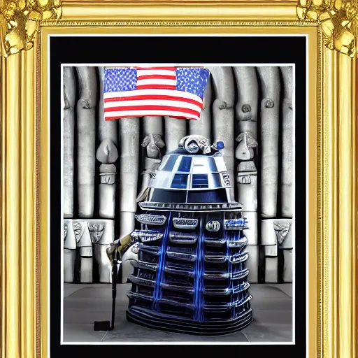Prompt: a beautiful photograph of donald trump being exterminated by a dalek, detailed face, symmetrical face, extreme realism and detail, 8 k, completely framed, direct lighting, 3 5 mm photo, photorealistic, sharp focus