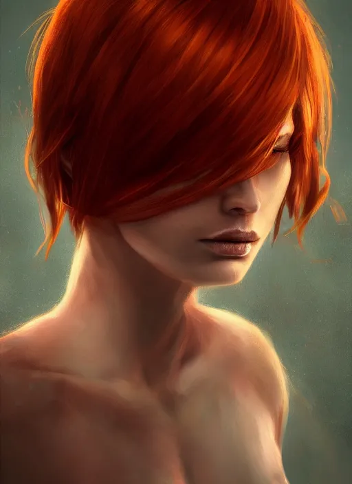 Image similar to Beautiful redhead girl which chest wrapped in bandages, portrait, fantasy, medieval, vivid colors, fantasy, elegant, concept art, sharp focus, beautiful face, digital art, Hyper-realistic, 4K, Unreal Engine, Highly Detailed, HD, Dramatic Lighting by Brom, trending on Artstation