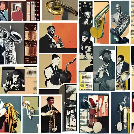 Image similar to A collage of a jazz band, mid-century modern, made of random shapes cut from magazines and newspapers