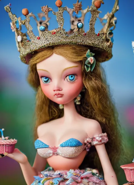 Prompt: closeup face profile portrait of a tin toy fairytale princess wearing a crown eating cakes, bikini, depth of field, zeiss lens, fashion photoshoot by nicoletta ceccoli, mark ryden, lostfish, breathtaking, detailed and intricate environment, 8 k resolution, extremely detailed, beautiful, establishing shot, artistic, hyperrealistic, octane render