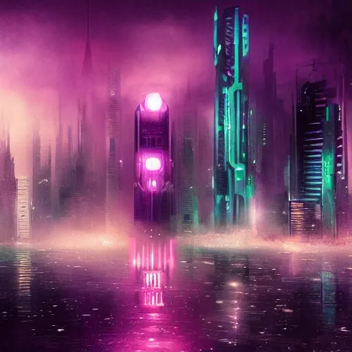 Image similar to blade runner city, high quality, cyberpunk, purple