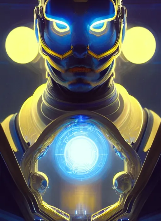 Image similar to symmetry!! portrait of a man, sci - fi, tech wear, blue and yellow glowing lights!! intricate, elegant, highly detailed, digital painting, artstation, concept art, smooth, sharp focus, illustration, art by artgerm and greg rutkowski and alphonse mucha