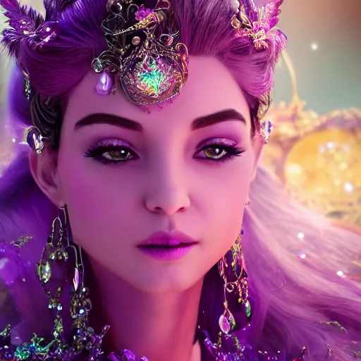 Image similar to portrait princess of amethyst, glowing, ornate and intricate purple jewelry, jaw dropping beauty, glowing background lighting, purple accent lighting, hyper detailed, fairy tale, 4 k octane render