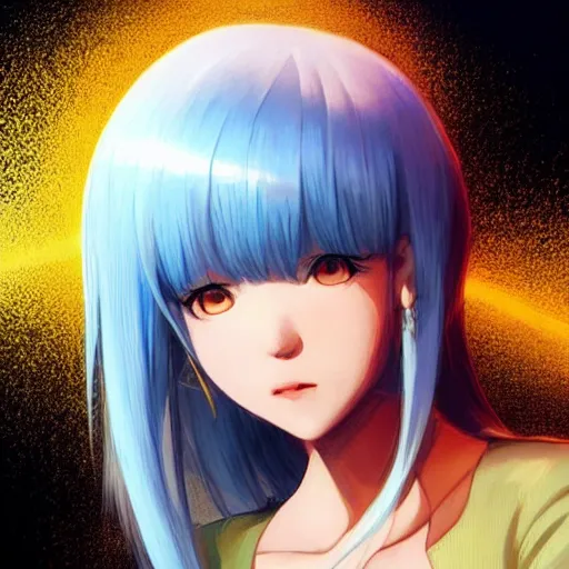 Prompt: profile shot of rimuru tempest looking forward, sky blue hair, straight hair, pretty, long bangs, gold eyes, black jacket with white stripes and a high collar, highly detailed, unreal engine 5, digital painting, glow, concept art, cinematic, wlop | artgerm, pixiv, ilya kuvshinov, greg rutkowski