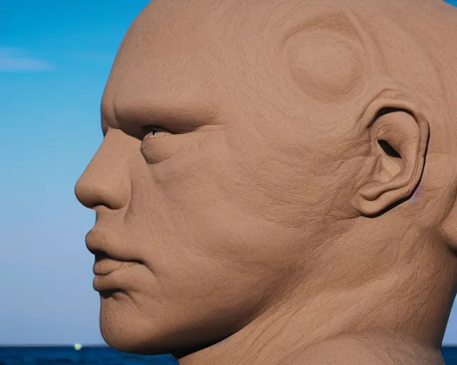 Image similar to a long shot of a giant award winning sculpture of a human head made out of inflatable toys on the surface of the ocean, in the style of chad knight, hyper detailed, hyper realistic, ray tracing, 8 k resolution, sharp focus, realistic water