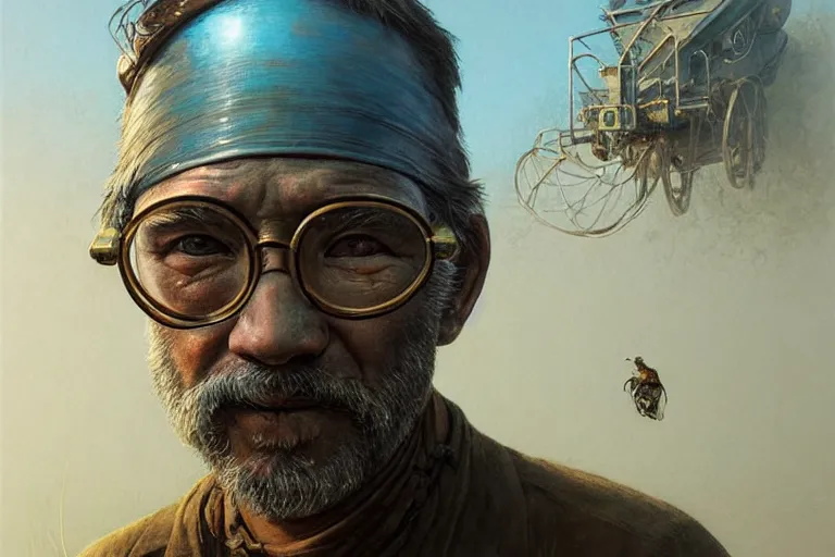Prompt: A solarpunk very highly detailed farmer with very highly detailed face wearing very highly detailed Inuit glasses, on the street of a very highly detailed solarpunk city art by Greg Rutkowski, neofuturistic highly detailed, digital concept art, Dimensional cyan gold natural light, sharp focus, Golden Ratio illustration, realistic concept art by Stephen Hickman and James Gurney and Hiromasa Ogura Ghost in the Shell rendered in Octane Render, 32K