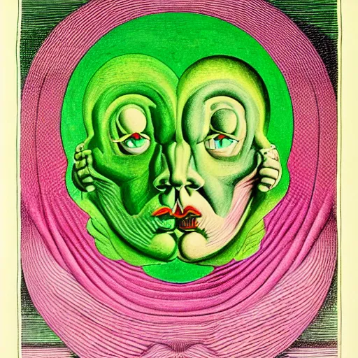 Prompt: green and pink graphic conceptual post - mortem monumental portrait made by escher and william blake and salvador dali, highly conceptual art, intricate detailed painting, illustration sharp detail, manga 1 9 9 0, experimentation cabinet