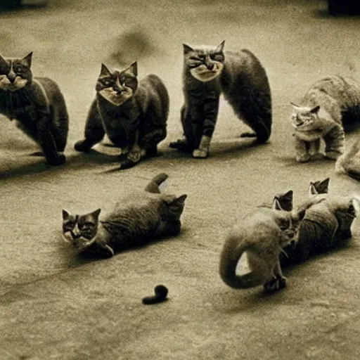 Image similar to a platoon of cats in soldier uniforms in Vietnam, photograph