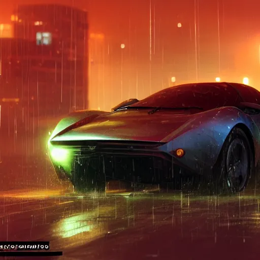 Image similar to a picture of a car in the rain, cyberpunk art by fyodor vasilyev, zbrush central contest winner, cubo - futurism, synthwave, darksynth, retrowave