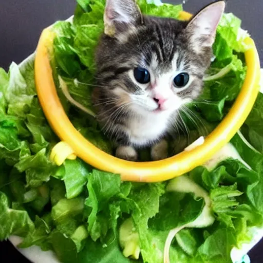 Image similar to a cute cat made of salad