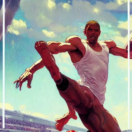 Image similar to cinematic painting of qwop!!!!!!!!!!!!!!!!! running down the track, art by krenz cushart and artem demura and alphonse mucha, kinetic, motion, athletic, running