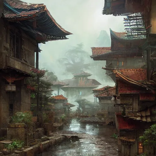 Prompt: the hidden rain village by renato muccillo, hubert robert, craig mullins, 8 k, hyper detailed.