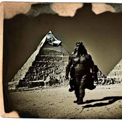 Image similar to tintype photo, underwater, Godzilla walking in front of the pyramids