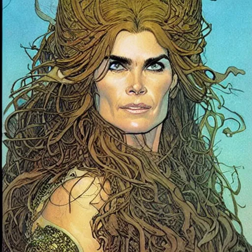 Image similar to a realistic, very beautiful and atmospheric portrait of brooke shields as a druidic warrior wizard looking at the camera with an intelligent gaze by rebecca guay, michael kaluta, charles vess and jean moebius giraud