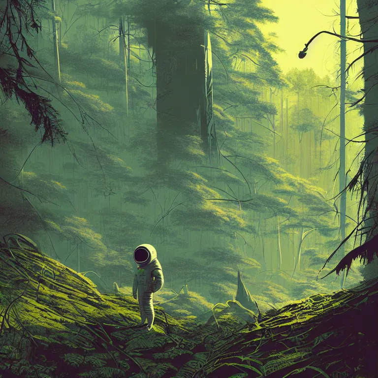 Image similar to illustration of a futuristic astronaut in a forest, highly detailed, by James Gilleard and Bruce Pennington