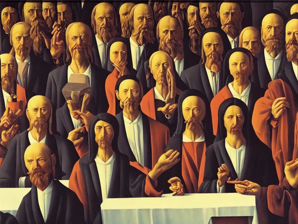 Image similar to crowded last supper painting magritte, renaissance, american gothic, detailed faces