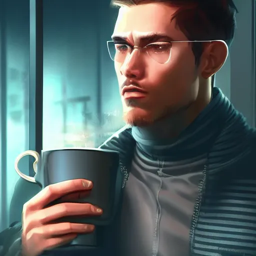 Image similar to portrait of a handsome startup CEO having a cup of coffee. cyberpunk style, digital art artstation cgsociety