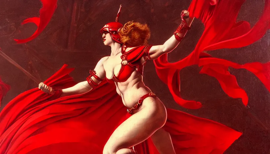 Image similar to only with red, an armored female gladiator in a crowded roman amphitheatre, crowd cheering, in the style of rolf armstrong and ambrosius benson and edward hopper and and rodcenko, intricate and epic composition, red by caravaggio, highly detailed, masterpiece, red light, artstation