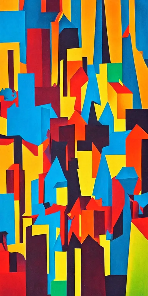 Image similar to The tall buildings that are crumbling, Fortunato Depero painting style.