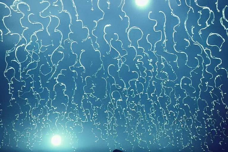 Prompt: “ translucent jellyfishes in the sky over a read ocean. ”