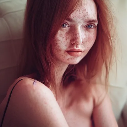 Prompt: portrait of a cute thin young woman, red blush, light freckles, soft smile, casual clothes, relaxing on the couch, home interior, golden hour, close up shot, 8 k, art by irakli nadar, hyperrealism, hyperdetailed, ultra realistic