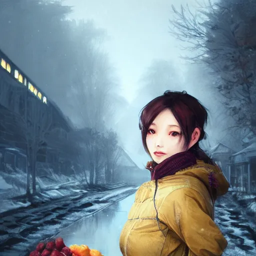 Image similar to the portrait a beautiful grocery young asia woman in down jacket, with a goosethe background is dust earth road ， river winter an snow, illustration by wenjun lin, irakli nadar, bright colors, octopath traveler, wenjun lin, unreal engine 5 highly rendered, global illumination, radiant light, detailed and intricate environment