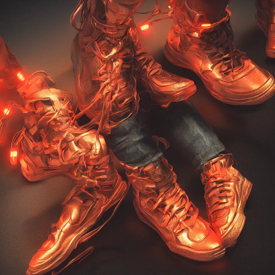 Prompt: realistic 8 k sculpture of a cyberpunk sneaker with neon illuminated rubber soles and soft orange shoelaces, beautiful studio lighting, soft, sharp focus, cyberpunk, intricate detail, gold and red accents, soft rubber, octane render, trending on artstation, deviantart, art by converse