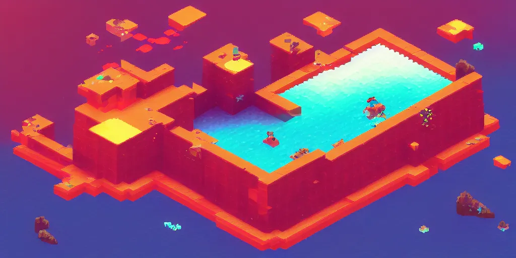 Prompt: isometric videogame screenshot, seperate islands, blocks, axure tones, ocean, clouds, mountains, plastic sheen, pixelart, lensflare, sparkles, glow, shine