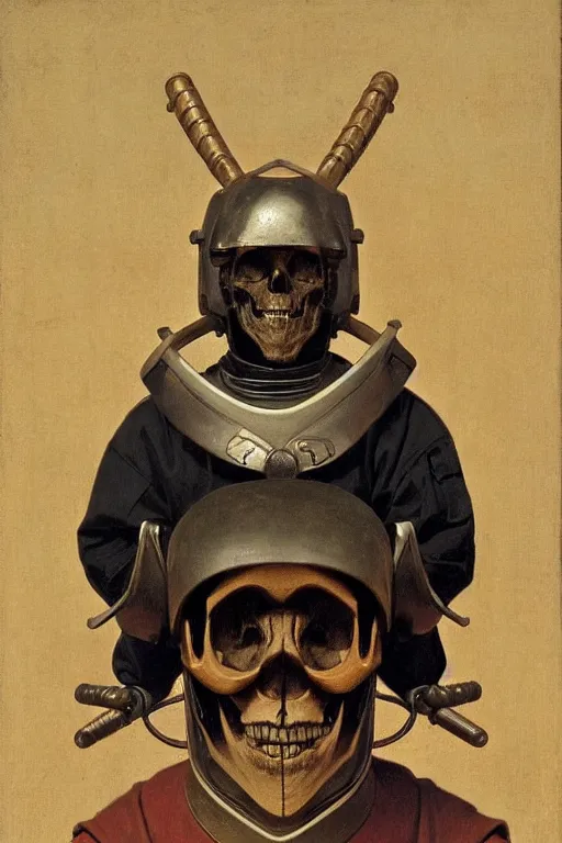 Image similar to portrait of a skull man samurai astronaut in samurai helmets an ancient human species, single person, by bouguereau