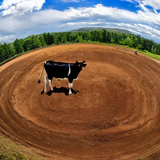 Prompt: a cow doing a motocross jump, fisheye lens