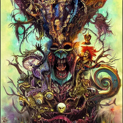 Image similar to monsters in alice in wonderland tripping on ayahuasca with faces in the background, intricate detail, painting, royo, frazetta, whealan,