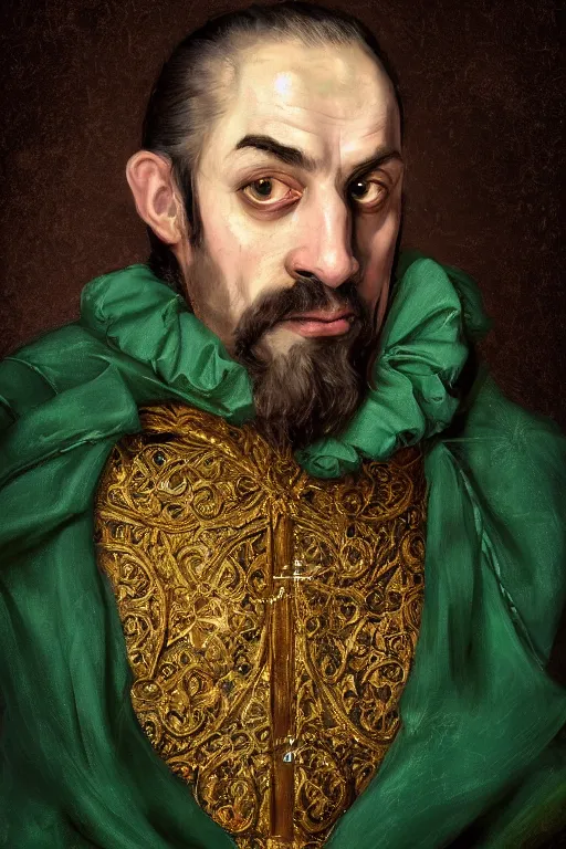 Image similar to portrait, headshot, digital painting, of a 17th century, regal, old, middle eastern, decadent, cyborg nobleman, dark hair, gasmask, amber jewels, baroque, ornate dark green opulent clothing, scifi, futuristic, realistic, hyperdetailed, concept art, chiaroscuro, Frans Hals style