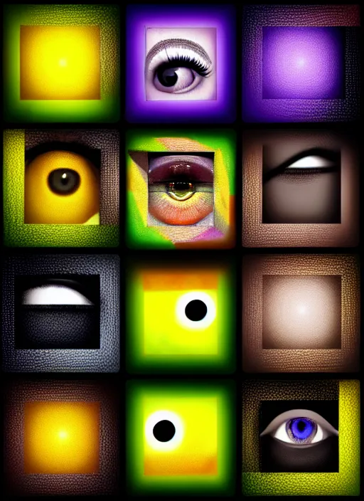 Prompt: grid montage of eyes with cube deformation, square shaped black dilated pupils cubes, cube shaped irises, detailed colored textures, lashes, advanced art, art styles mix, wet reflections in square eyes, sunshine light, hd macro photograph, from side, various cube eyelid positions