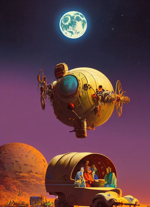 Image similar to gypsy caravan by paolo eleuteri serpieri and tomer hanuka and chesley bonestell and daniel merriam and tomokazu matsuyama, unreal engine, high resolution render, featured on artstation, octane, 8 k, highly intricate details, vivid colors, planets, moon, stars