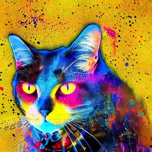 Image similar to portrait of cyberpunk cat, colorful, splatters, by ute osterwalder